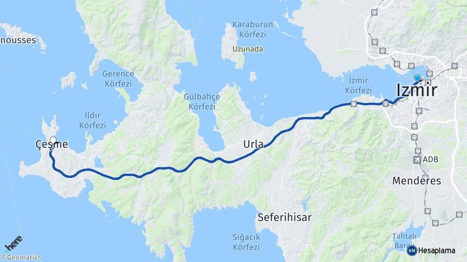 İzmir Konak Alsancak Çeşme Arası Kaç Km - Yol Haritası