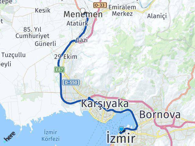 İzmir Konak Alsancak Menemen Arası Kaç Km - Yol Haritası