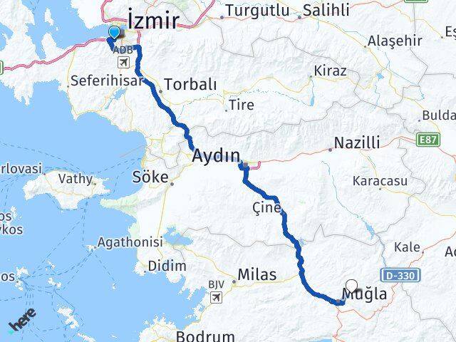 İzmir Konak Göztepe Menteşe Muğla Arası Kaç Km - Yol Haritası