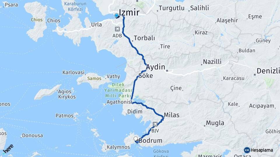 İzmir Konak Konacık Bodrum Muğla Arası Kaç Km - Yol Haritası