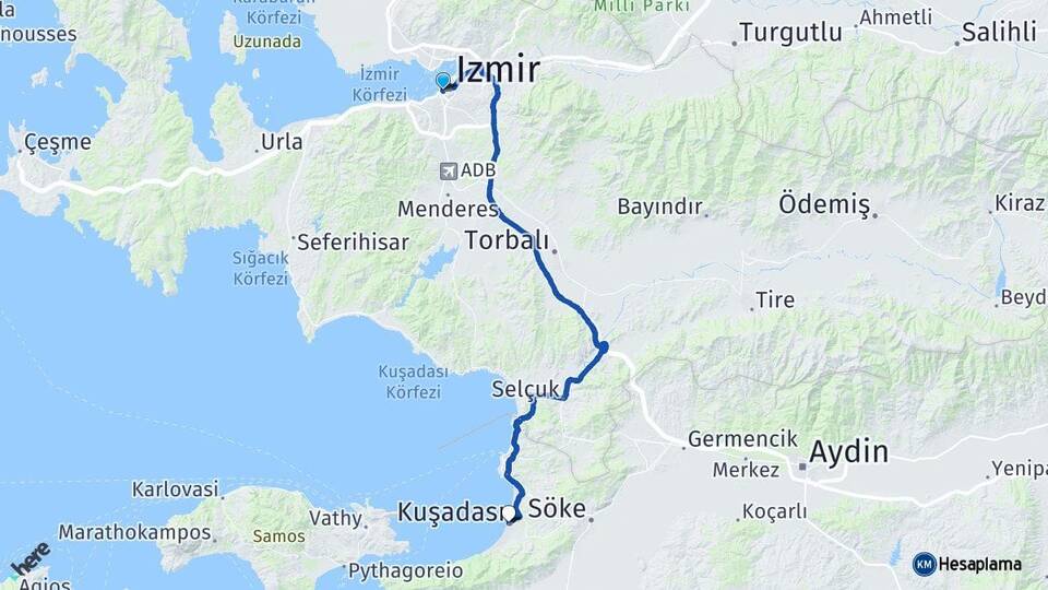 İzmir Konak Kuşadası Aydın Arası Kaç Km - Yol Haritası