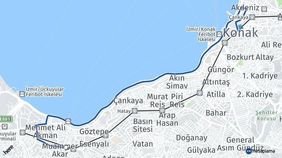 İzmir Konak Poligon Karabağlar Arası Kaç Km - Yol Haritası