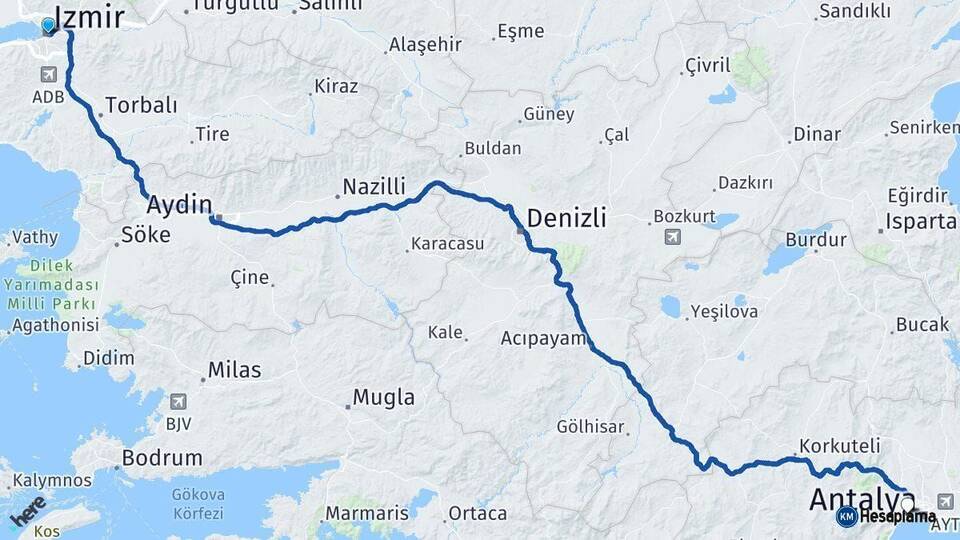 İzmir Konyaaltı Antalya Arası Kaç Km - Yol Haritası
