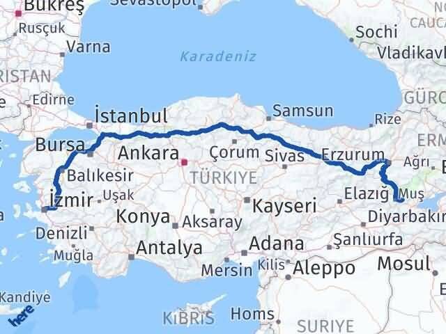 İzmir Korkut Muş Arası Kaç Km - Yol Haritası