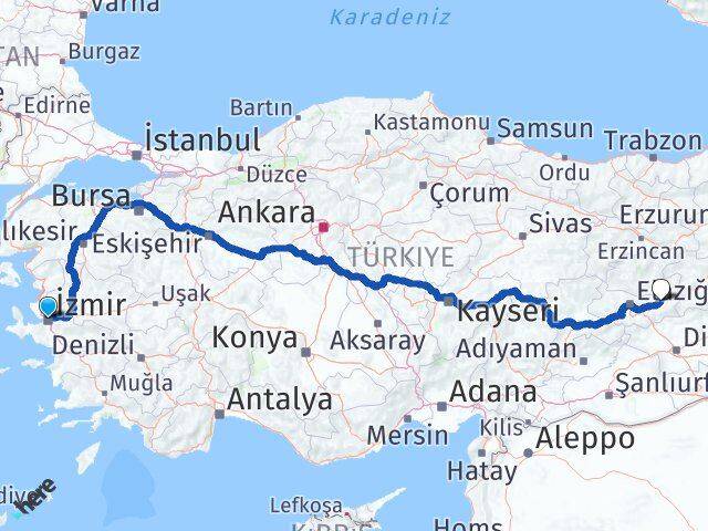 İzmir Kovancılar Elazığ Arası Kaç Km - Yol Haritası