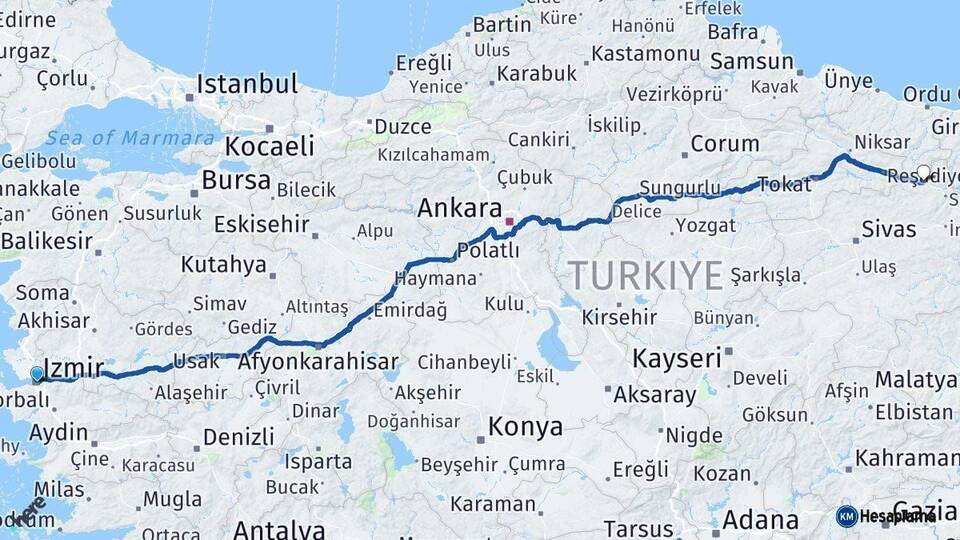 İzmir Koyulhisar Sivas Arası Kaç Km - Yol Haritası