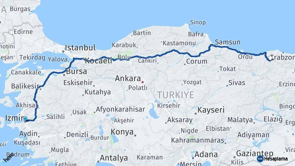 İzmir Kürtün Gümüşhane Arası Kaç Km - Yol Haritası