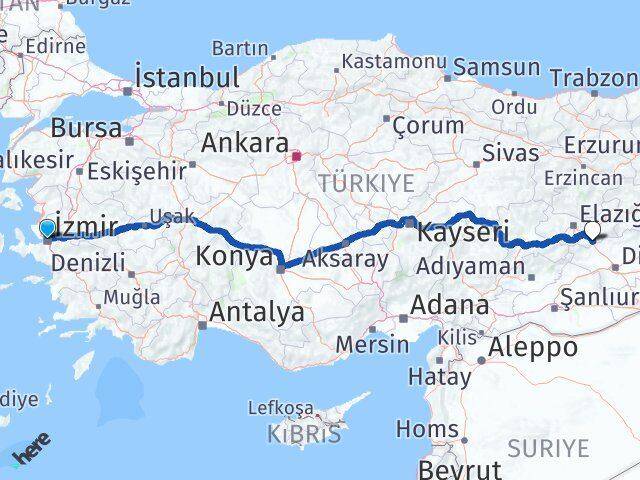İzmir Maden Elazığ Arası Kaç Km - Yol Haritası