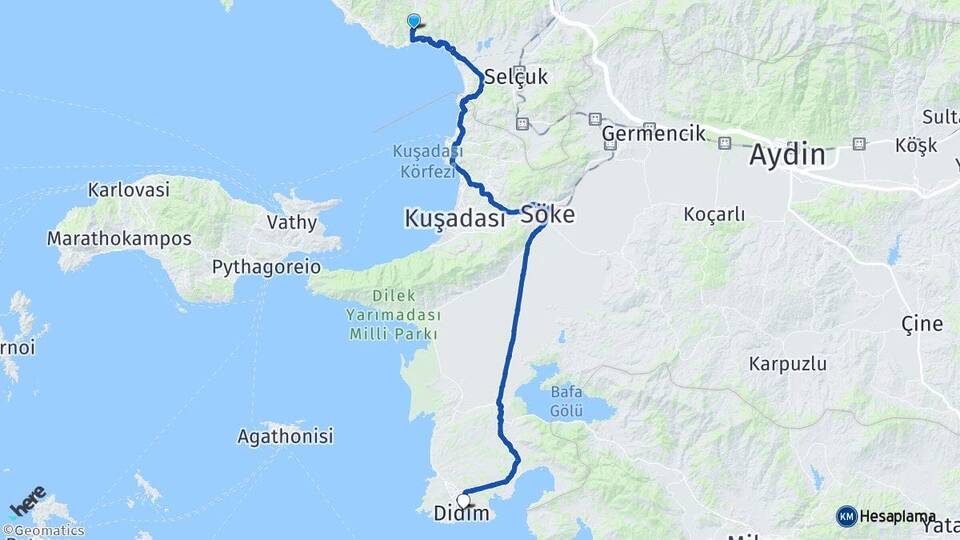 İzmir Menderes Ahmetbeyli Didim Aydın Arası Kaç Km - Yol Haritası