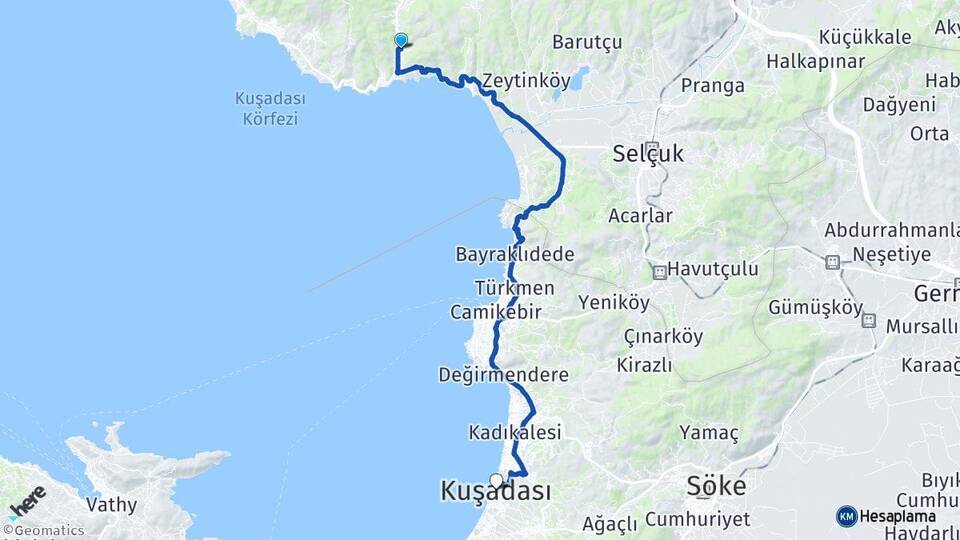 İzmir Menderes Ahmetbeyli Kuşadası Aydın Arası Kaç Km - Yol Haritası