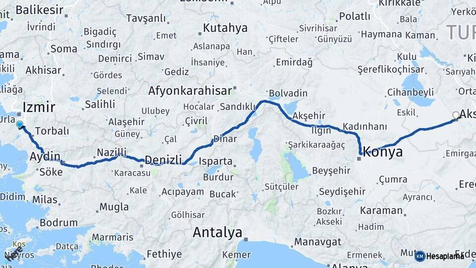 İzmir Menderes Aksaray Arası Kaç Km - Yol Haritası