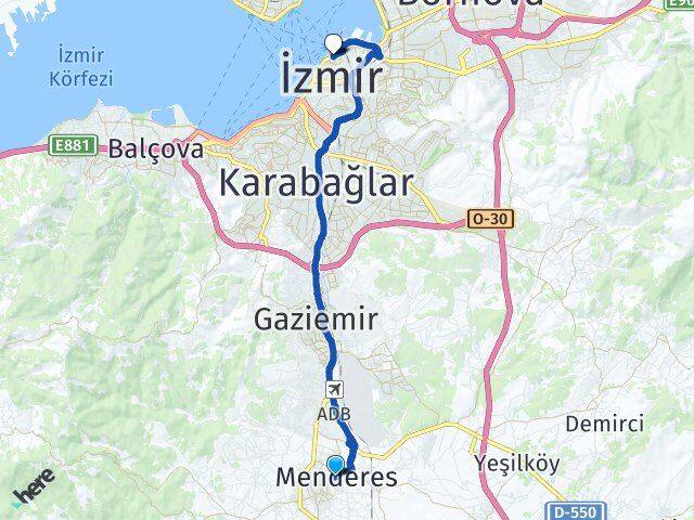 İzmir Menderes Alsancak Konak Arası Kaç Km - Yol Haritası