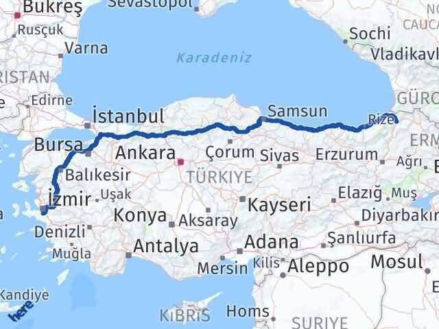 İzmir Menderes Artvin Arası Kaç Km - Yol Haritası