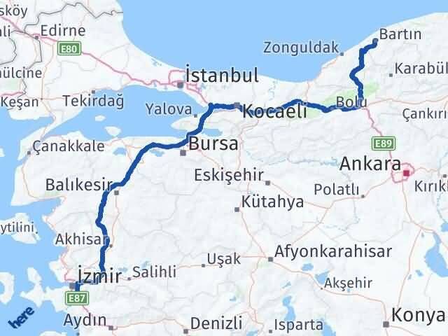 İzmir Menderes Bartın Arası Kaç Km - Yol Haritası