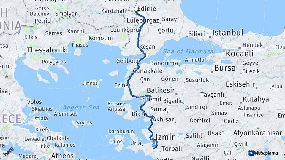 İzmir Menderes Edirne Arası Kaç Km - Yol Haritası