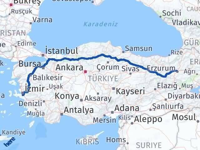 İzmir Menderes Erzurum Arası Kaç Km - Yol Haritası