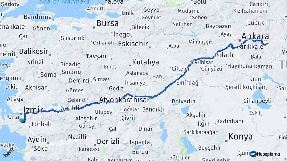 İzmir Menderes Kırıkkale Arası Kaç Km - Yol Haritası