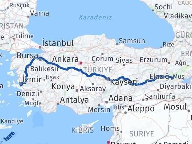 İzmir Menderes Muş Arası Kaç Km - Yol Haritası