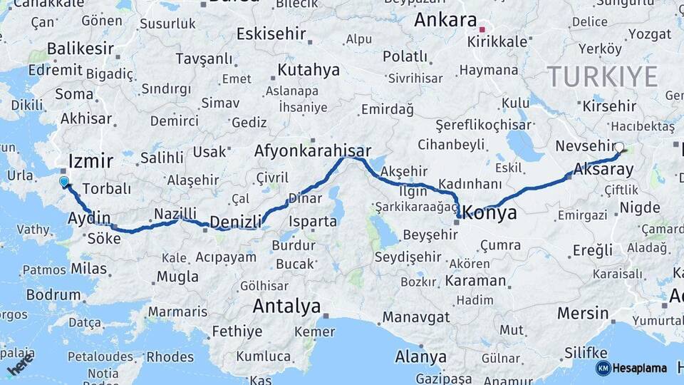 İzmir Menderes Nevşehir Arası Kaç Km - Yol Haritası