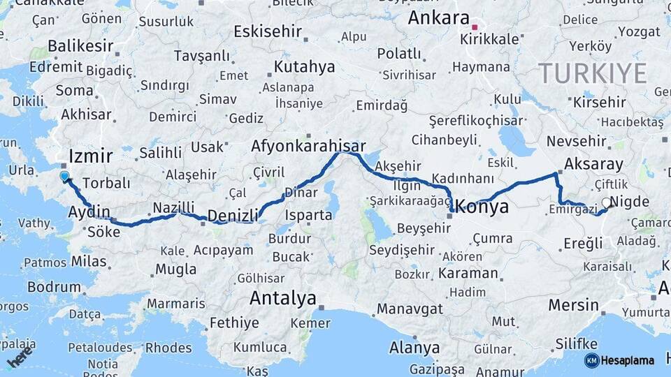 İzmir Menderes Niğde Arası Kaç Km - Yol Haritası