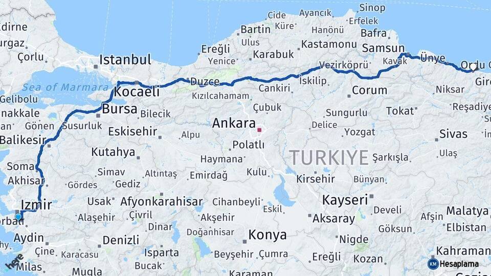 İzmir Menderes Ordu Arası Kaç Km - Yol Haritası