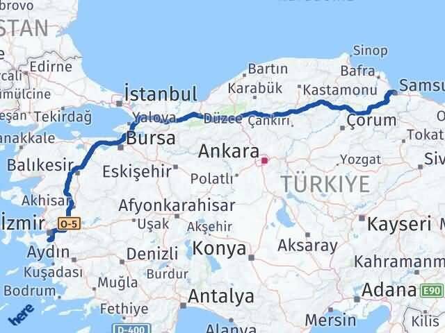 İzmir Menderes Samsun Arası Kaç Km - Yol Haritası