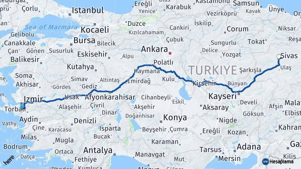 İzmir Menderes Sivas Arası Kaç Km - Yol Haritası