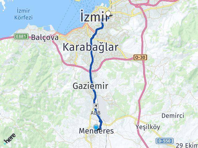 İzmir Menderes Yenişehir Konak Arası Kaç Km - Yol Haritası