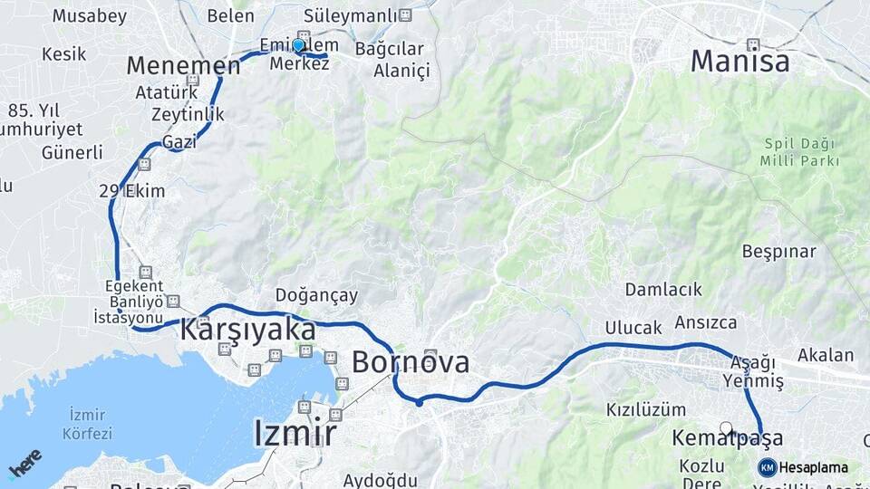 İzmir Menemen Emiralem Kemalpaşa Arası Kaç Km - Yol Haritası