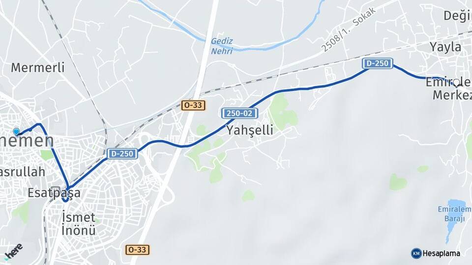 İzmir Menemen Emiralem Menemen Arası Kaç Km - Yol Haritası