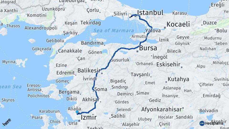 İzmir Menemen Halkalı Küçükçekmece İstanbul Arası Kaç Km - Yol Haritası