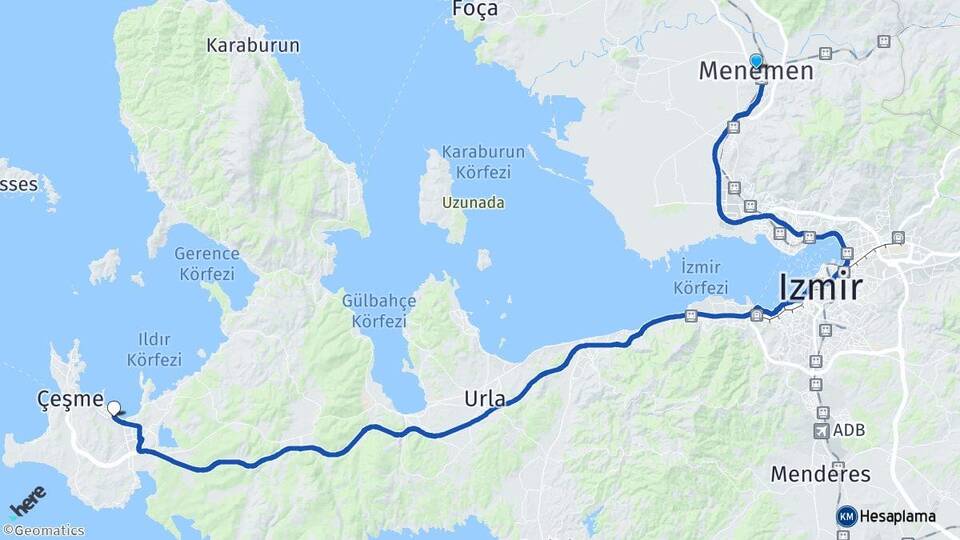 İzmir Menemen Ilıca Çeşme Arası Kaç Km - Yol Haritası