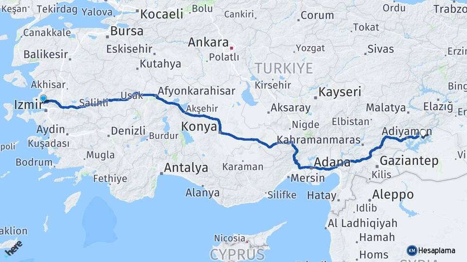 İzmir Menemen Menzil Kahta Adıyaman Arası Kaç Km - Yol Haritası