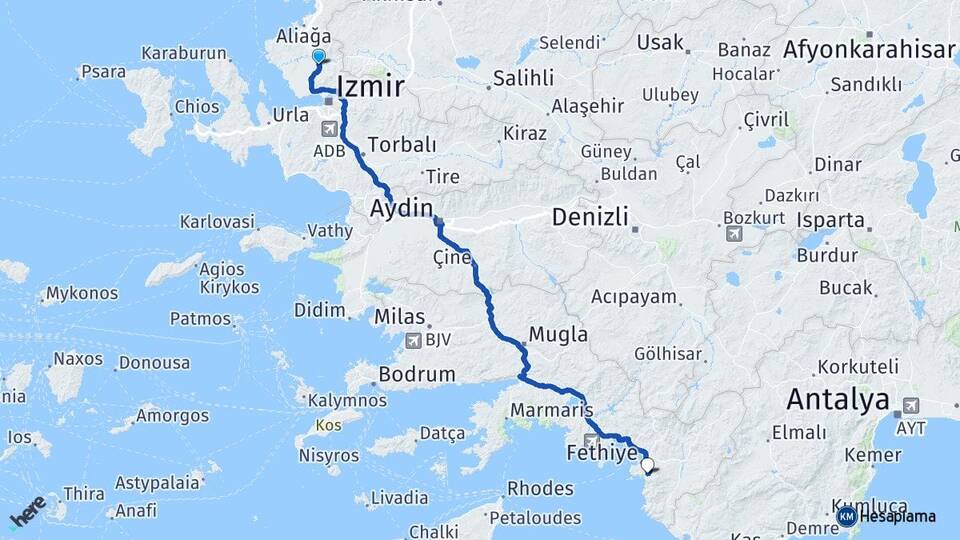 İzmir Menemen Ölüdeniz Fethiye Muğla Arası Kaç Km - Yol Haritası
