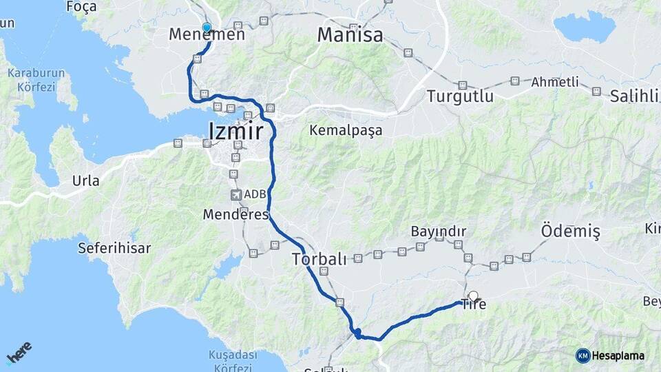 İzmir Menemen Tire Arası Kaç Km - Yol Haritası