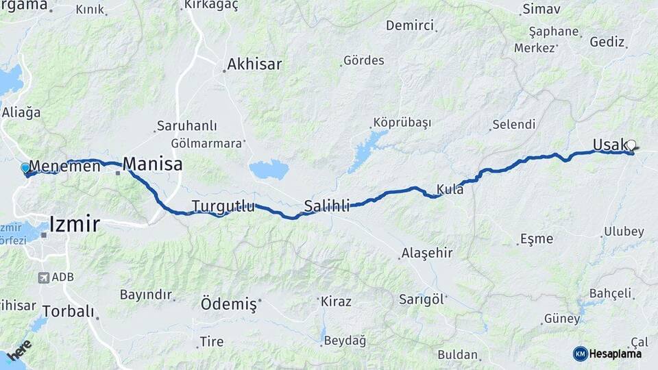 İzmir Menemen Uşak Arası Kaç Km - Yol Haritası