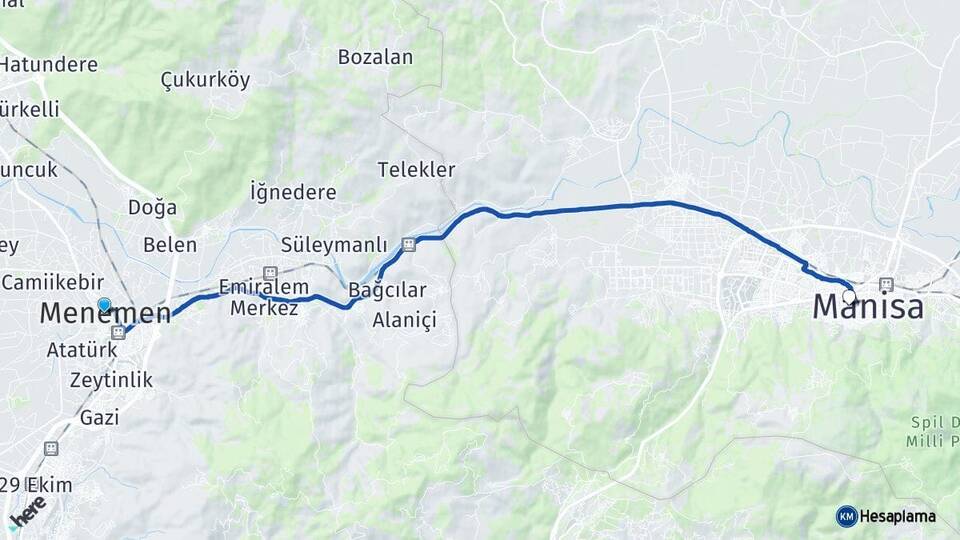 İzmir Menemen Yunusemre Manisa Arası Kaç Km - Yol Haritası
