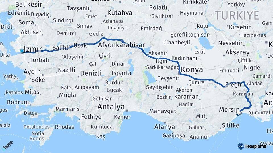 İzmir Mezitli Mersin Arası Kaç Km - Yol Haritası