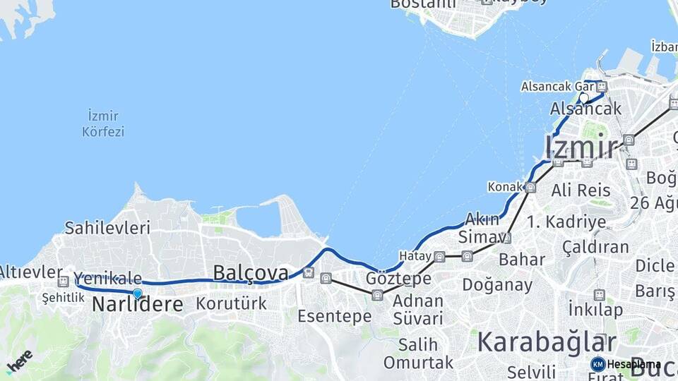 İzmir Narlıdere Alsancak Konak Arası Kaç Km - Yol Haritası
