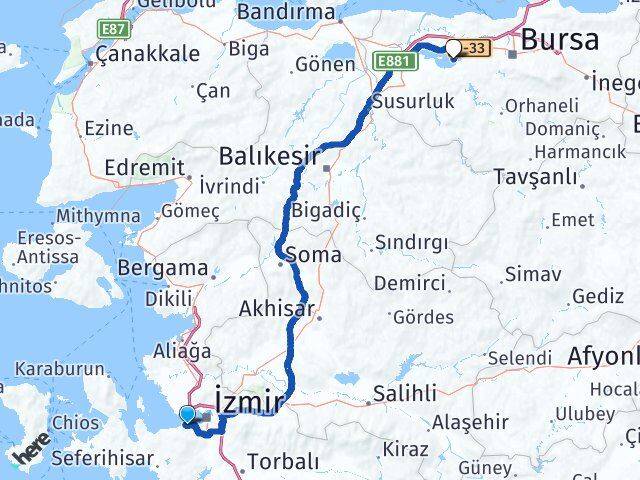 İzmir Narlıdere Gölyazı Nilüfer Bursa Arası Kaç Km - Yol Haritası