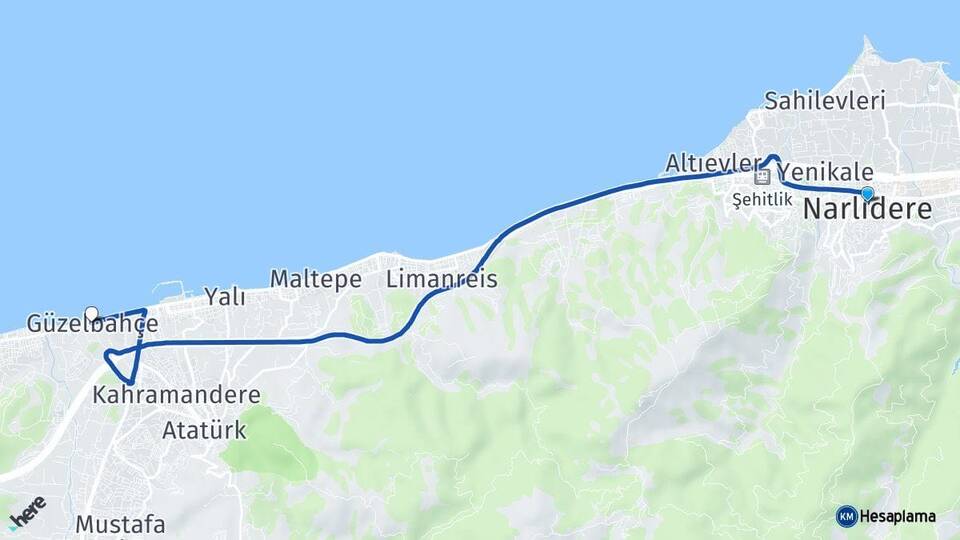 İzmir Narlıdere Güzelbahçe Arası Kaç Km - Yol Haritası