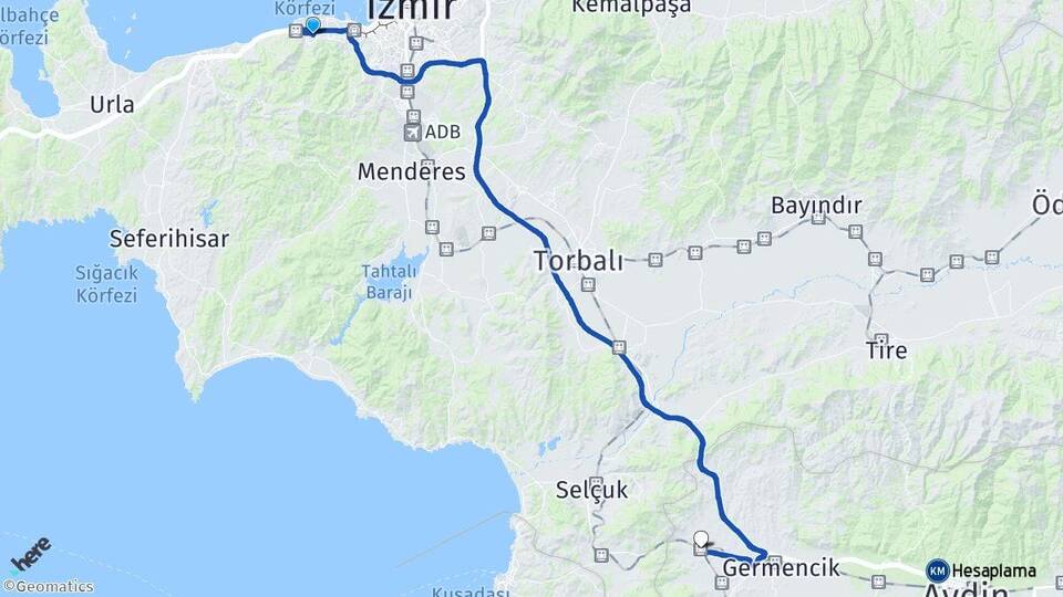 İzmir Narlıdere Ortaklar Germencik Aydın Arası Kaç Km - Yol Haritası
