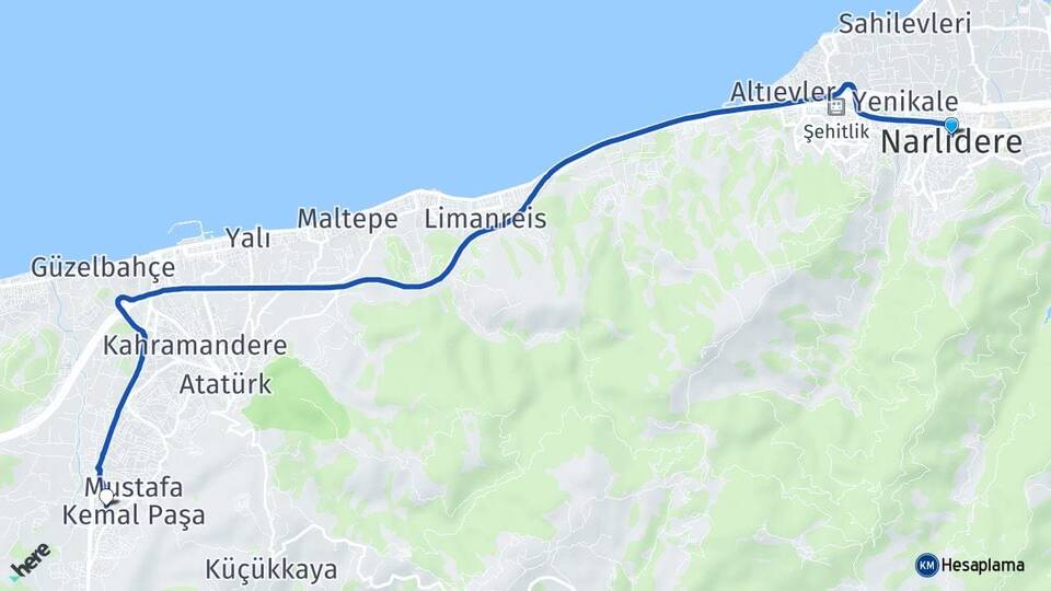 İzmir Narlıdere Yelki Güzelbahçe Arası Kaç Km - Yol Haritası