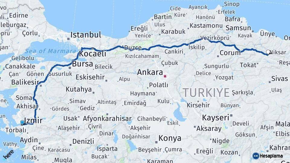 İzmir Niksar Tokat Arası Kaç Km - Yol Haritası