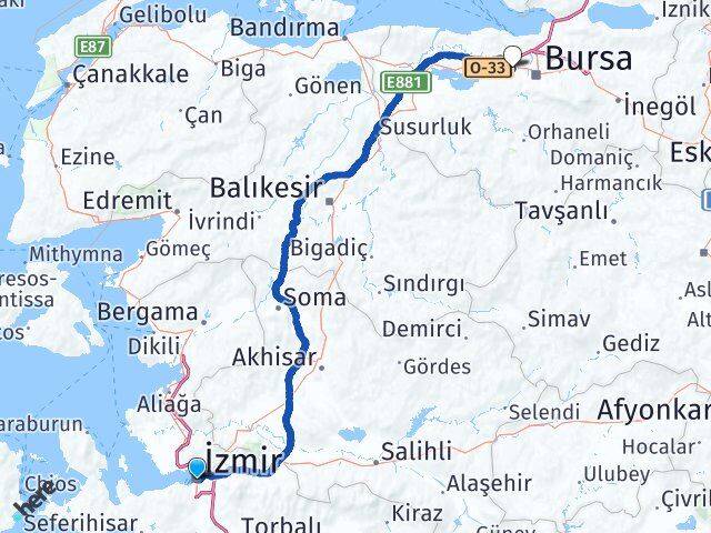 İzmir Nilüfer Bursa Arası Kaç Km - Yol Haritası