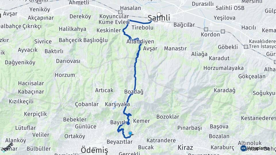 İzmir Ödemiş Birgi Salihli Manisa Arası Kaç Km - Yol Haritası