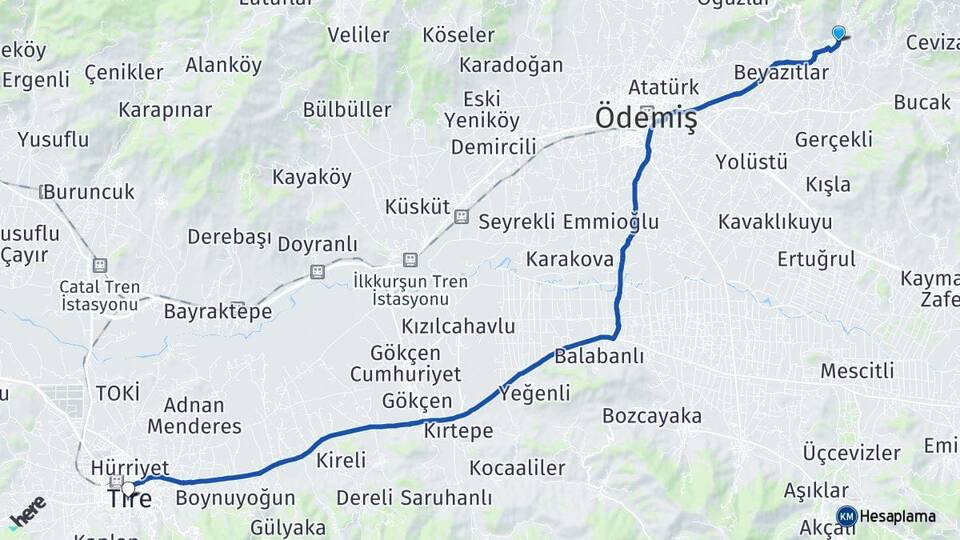 İzmir Ödemiş Birgi Tire Arası Kaç Km - Yol Haritası