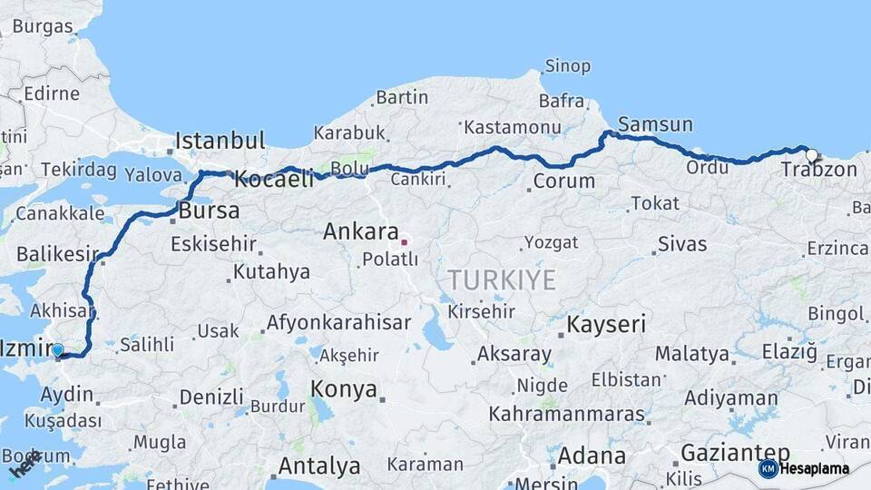 İzmir Ortahisar Trabzon Arası Kaç Km - Yol Haritası