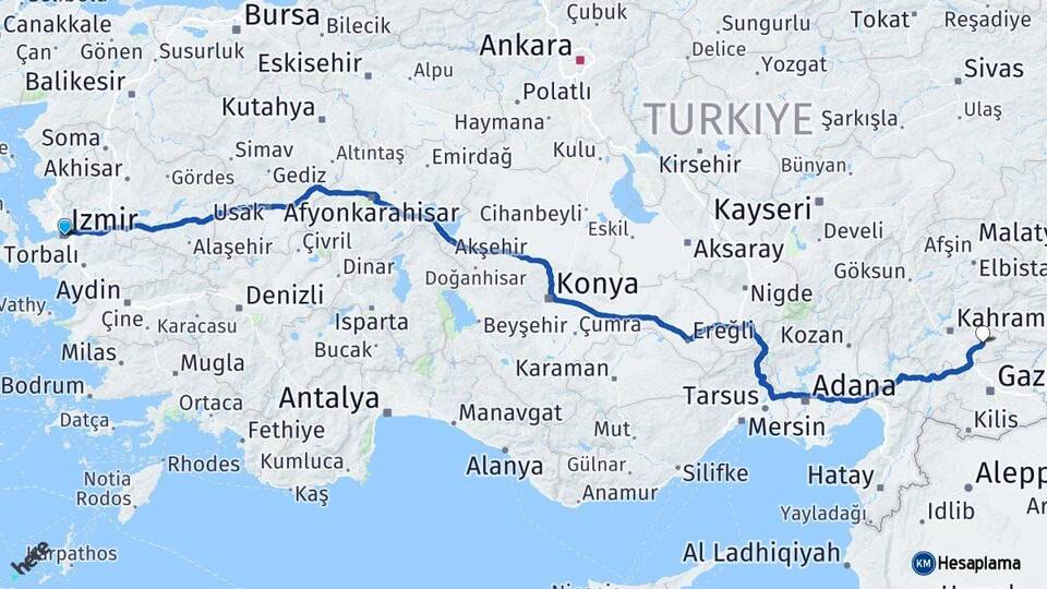 İzmir Pazarcık Kahramanmaraş Arası Kaç Km - Yol Haritası