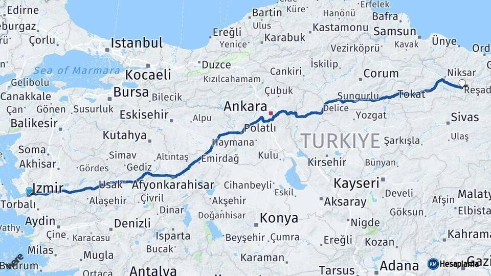 İzmir Reşadiye Tokat Arası Kaç Km - Yol Haritası